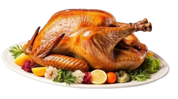 AI generated yummy thanksgiving turkey in a plate on transparent background png