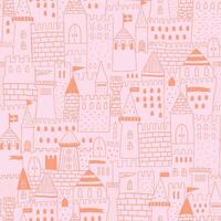 Pink princess castle seamless pattern. Doodle medieval tower silhouette repeat background. Vector cute buildings for baby girls fabric, textile design, wallpaper. Childish fairy tale print, wrap paper