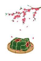 Vietnamese sticky rice cake on bamboo string hopper tray and peach blossom. Elements for Tet holiday, Vietnamese Lunar New Year vector