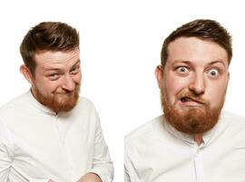 Studio portrait of young grimacing and ashamed man photo