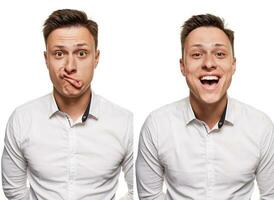 Young man with an expressive face, wearing white shirt, isolated on white background photo