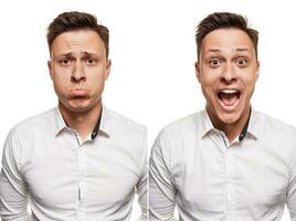 Young man with an expressive face, wearing white shirt, isolated on white background photo