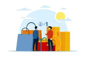 Concept of referring a friend, businessman making great offers, getting bonuses and cash back, online shopping, earning points, loyalty programs, discounts, customer service, flat vector illustration.