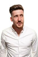 Studio photo of a good-looking man in a white shirt, isolated over a white background