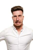 Studio photo of a good-looking man in a white shirt, isolated over a white background