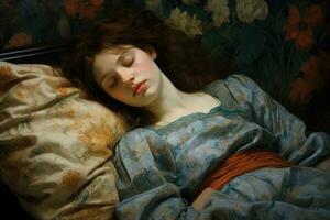 AI generated Young beautiful girl sleeping in the bed. The girl is dressed in a blue dress, A young woman sleeping in bed, AI Generated photo