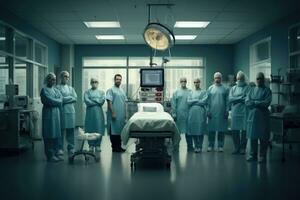 AI generated group of surgeons at work in operating theater toned in blue tones, A team of doctors in the hospital, Background with selective focus, AI Generated photo