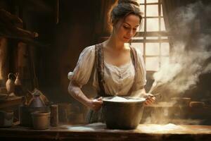 AI generated Beautiful woman in medieval dress preparing dough on wooden table in room, A woman adding salt to a pot while cooking, AI Generated photo