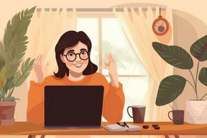 AI generated Young woman working at home with laptop. Vector illustration in cartoon style, A woman gesturing and talking on a video call over a laptop at the home office, AI Generated photo