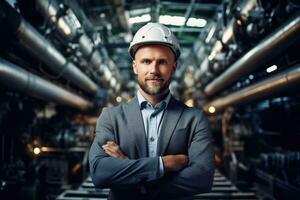 AI generated Portrait of a confident male engineer standing with crossed arms in a factory, A white Caucasian male professional engineer, AI Generated photo