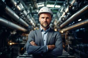 AI generated Portrait of a confident male engineer standing with crossed arms in a factory, A white Caucasian male professional engineer, AI Generated photo