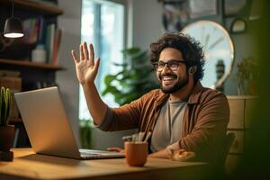 AI generated Cheerful bearded man waving his hand while sitting at the table in the office, A woman gesturing and talking on a video call over a laptop at the home office, AI Generated photo