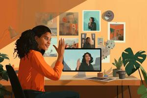 AI generated Young woman talking on video call at home. Concept of teleconference and remote work, A woman gesturing and talking on a video call over a laptop at the home office, AI Generated photo