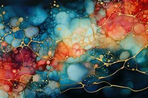 AI generated Abstract watercolor background with yellow, red and blue spots. Watercolor texture, Abstract background created through a combination of dot painting and alcohol ink, AI Generated photo