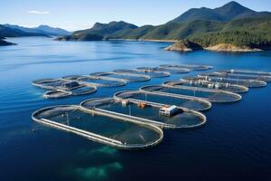 AI generated Aerial view of a group of oysters farm in the sea, A salmon fish farm in ocean water near the coast of Streymay Island, AI Generated photo