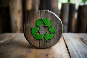 ai generado reciclaje símbolo en de madera antecedentes. eco simpático concepto. Copiar espacio, un reciclaje firmar con un verde botón ese simboliza cero desperdiciar, reutilizar concepto, ai generado foto