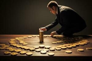 AI generated Businessman putting coins into a stack of coins on a dark background, A man placing golden coins on a board representing multiple streams of income, AI Generated photo