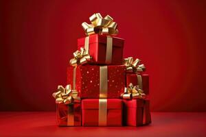 AI generated Gift boxes on a red background. 3d rendering toned image, A pile of presents with gold bows and bows on top of each other, with a red background, AI Generated photo