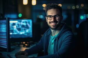 AI generated Portrait of young man working on computer at night in dark office, A portrait, man, and smile of a programmer on a computer in an office workplace at night, AI Generated photo