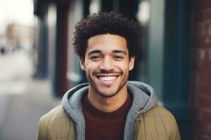 ai generado retrato de hermoso joven hombre con afro peinado sonriente al aire libre, un raza mixta hombre sonriente, ai generado foto