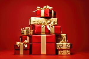 AI generated Pile of Christmas gifts on red background with gold confetti, A pile of presents with gold bows and bows on top of each other, with a red background, AI Generated photo