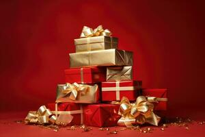 AI generated Gift boxes on red background, christmas and new year concept, A pile of presents with gold bows and bows on top of each other, with a red background, AI Generated photo