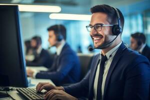 AI generated Handsome young businessman in headphones is using a computer and smiling while working in office, A happy call center agent using a computer while, AI Generated photo