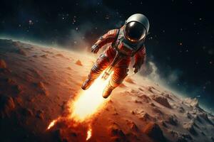 AI generated Astronaut flying on a rocket. Mixed media. Mixed media, 3D render of a spaceman astronaut flying with a rocket, an illustration design, AI Generated photo