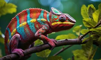 AI generated a chameleon is perched on a tree branch photo