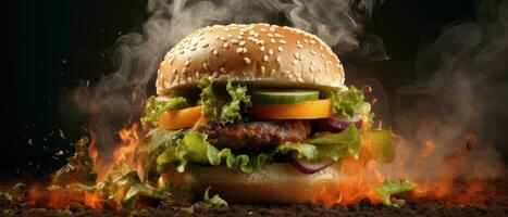 AI generated a burger with smoke and vegetables on it photo