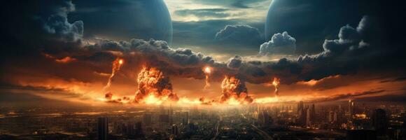 ai generado un atómico explosión es en el cielo terminado un ciudad foto