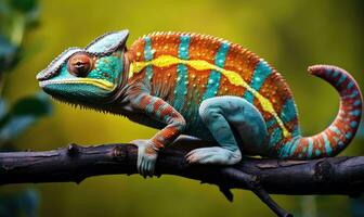 AI generated a chameleon is perched on a tree branch photo