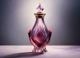 AI generated an unopened perfume bottle with purple smoke on her face photo