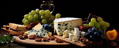 AI generated a cheese tray contains a variety of cheese and grapes photo