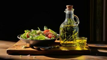 ai generado un aceituna petróleo botella en un de madera tablero y ensalada foto