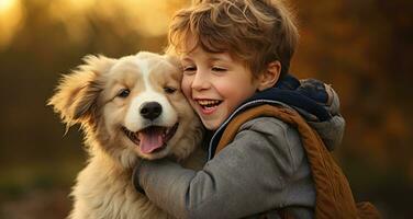 ai generado un chico y su perro sonriente a cada otro foto