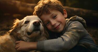 ai generado un chico y su perro sonriente a cada otro foto