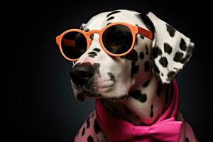 AI generated a dalmatian is wearing sunglasses and a pink and orange suit photo