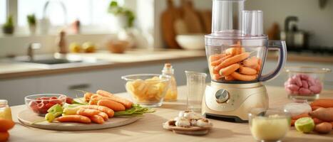 ai generado un comida procesador en un cocina es tomando zanahorias foto