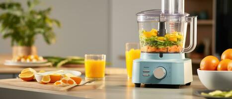 ai generado un comida procesador en un cocina es tomando zanahorias foto