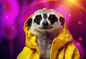 AI generated a meerkat in a yellow and purple outfit photo