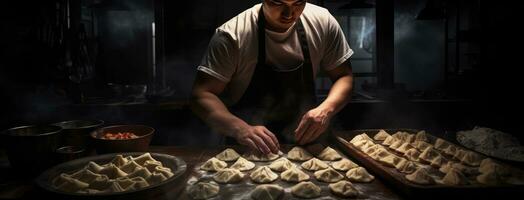 ai generado un cocina trabajador es preparando empanadillas foto