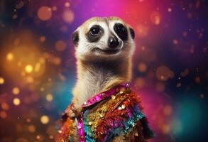 AI generated a meerkat in a yellow and purple outfit photo