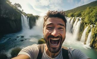 ai generado un hombre en pie en frente de un cascada por él mismo foto