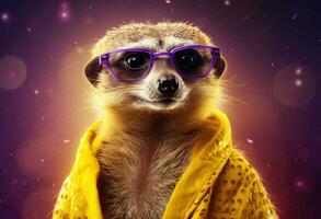 AI generated a meerkat in a yellow and purple outfit photo