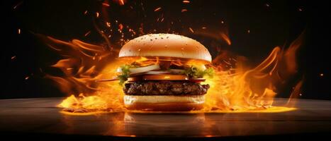 ai generado un hamburguesa es Destacados en fuego en un plato foto