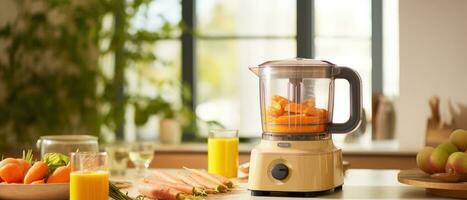 AI generated a food processor in a kitchen is taking carrots photo