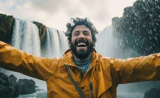 AI generated a man standing in front of a waterfall by himself photo