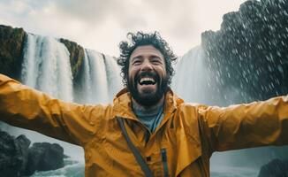 ai generado un hombre en pie en frente de un cascada por él mismo foto