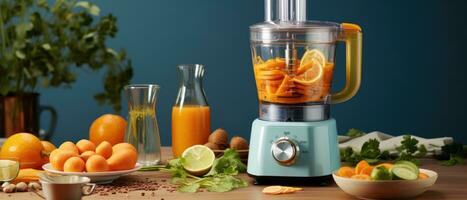 ai generado un comida procesador en un cocina es tomando zanahorias foto